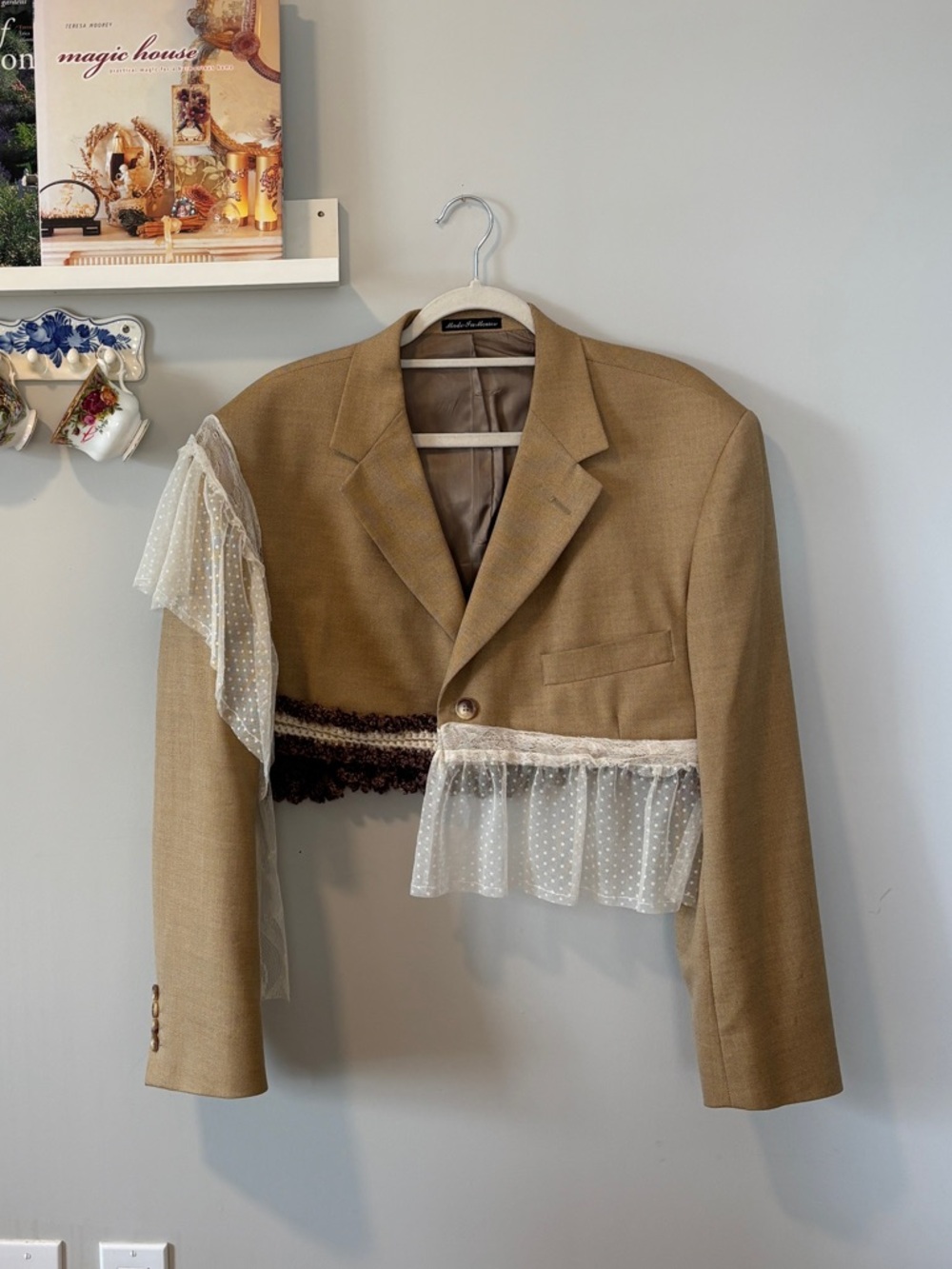 Womens Tan Cropped Blazer with Lace Trim